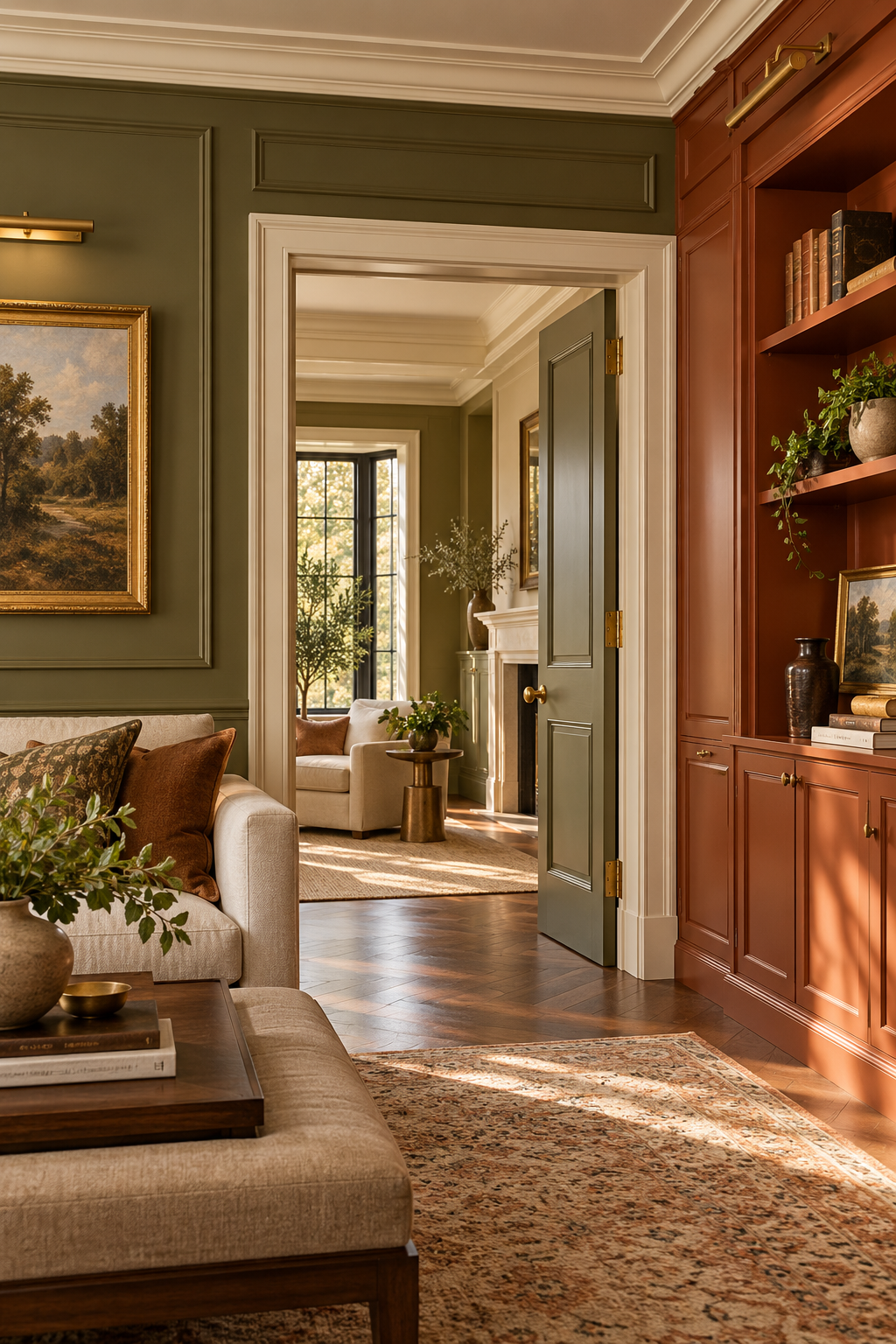 Warm refined interior showcasing olive walls, terracotta cabinetry, cream trim, and precisely finished millwork